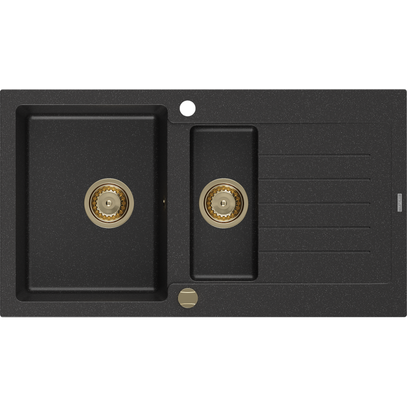 Mexen Matias zlewozmywak granitowy 1,5-komorowy z ociekaczem 900 x 505 mm, czarny/srebrny metalik, syfon złoty - 6502901505-73-G