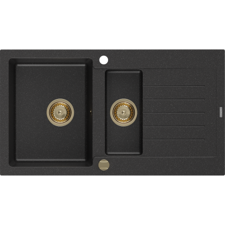 Mexen Matias zlewozmywak granitowy 1,5-komorowy z ociekaczem 900 x 505 mm, czarny/srebrny metalik, syfon złoty - 6502901505-73-G