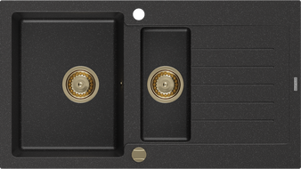 Mexen Matias zlewozmywak granitowy 1,5-komorowy z ociekaczem 900 x 505 mm, czarny/srebrny metalik, syfon złoty - 6502901505-73-G