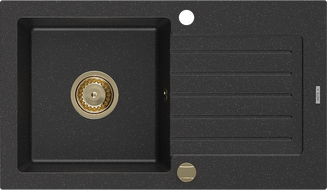 Mexen Pablo zlewozmywak granitowy 1-komorowy z ociekaczem 752 x 436 mm, czarny/srebrny metalik, syfon złoty - 6510751010-73-G
