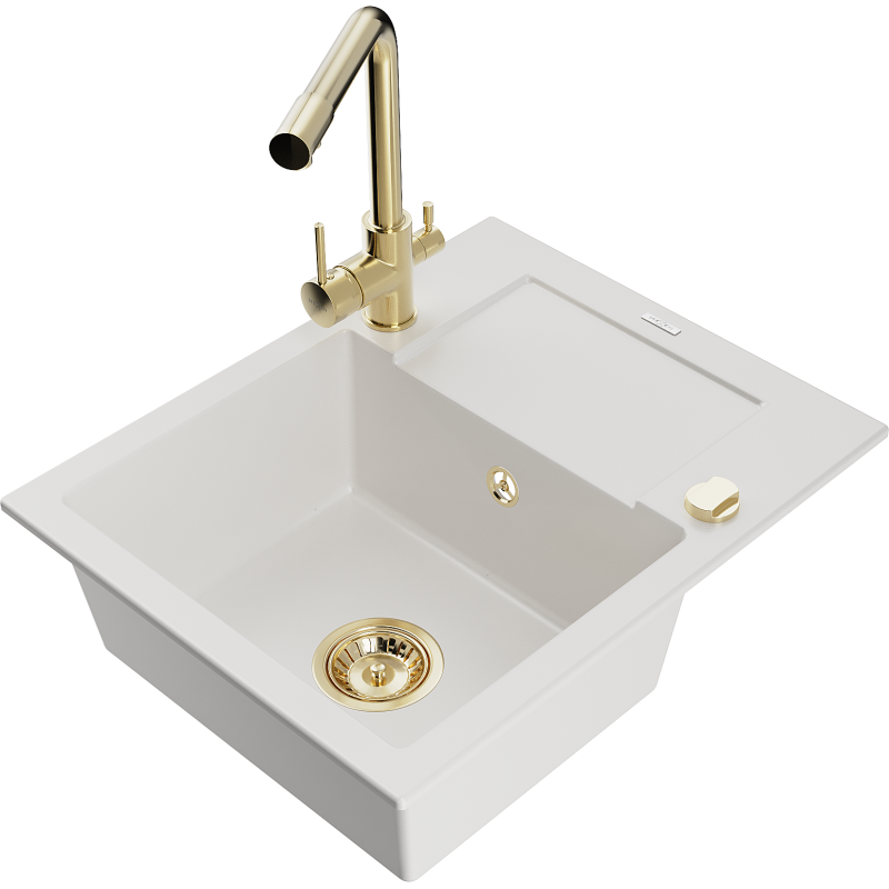 Mexen Enzo zlewozmywak granitowy 1-komorowy z ociekaczem i baterią kuchenną Duero, biały - 6506-20-671600-50