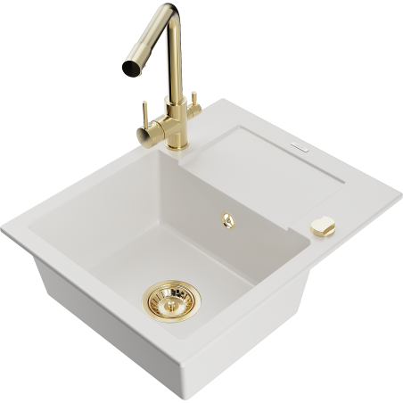 Mexen Enzo zlewozmywak granitowy 1-komorowy z ociekaczem i baterią kuchenną Duero, biały - 6506-20-671600-50