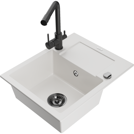 Mexen Enzo zlewozmywak granitowy 1-komorowy z ociekaczem i baterią kuchenną Duero, biały - 6506-20-671600-70