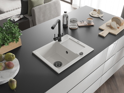 Mexen Enzo zlewozmywak granitowy 1-komorowy z ociekaczem i baterią kuchenną Duero, biały - 6506-20-671600-70