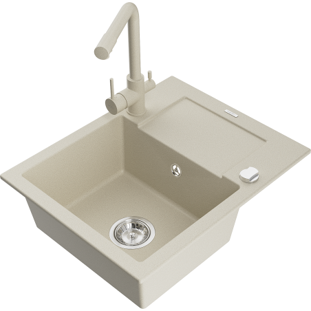 Mexen Enzo zlewozmywak granitowy 1-komorowy z ociekaczem i baterią kuchenną Duero, beżowy - 6506-69-671600-69