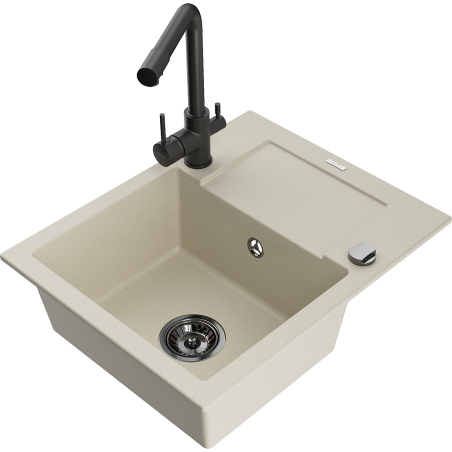 Mexen Enzo zlewozmywak granitowy 1-komorowy z ociekaczem i baterią kuchenną Duero, beżowy - 6506-69-671600-70