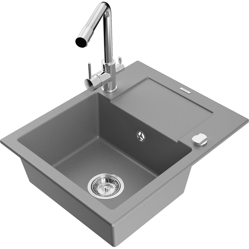Mexen Enzo zlewozmywak granitowy 1-komorowy z ociekaczem i baterią kuchenną Duero, szary - 6506-71-671600-00