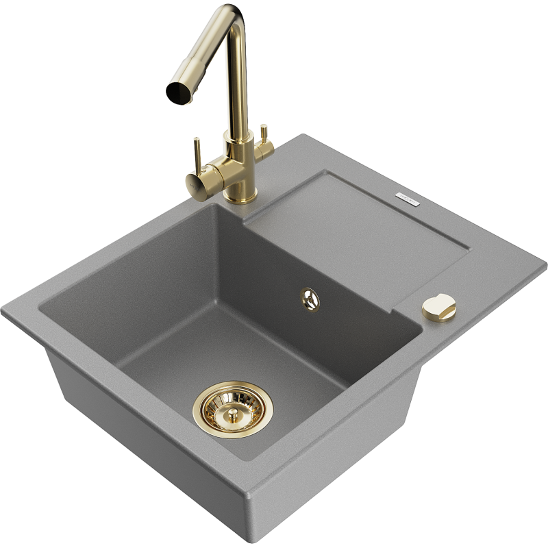 Mexen Enzo zlewozmywak granitowy 1-komorowy z ociekaczem i baterią kuchenną Duero, szary - 6506-71-671600-50