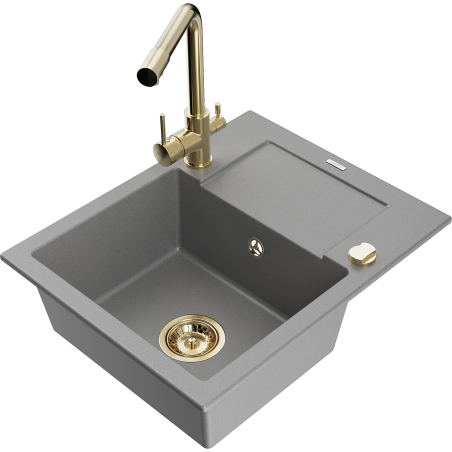 Mexen Enzo zlewozmywak granitowy 1-komorowy z ociekaczem i baterią kuchenną Duero, szary - 6506-71-671600-50