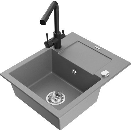 Mexen Enzo zlewozmywak granitowy 1-komorowy z ociekaczem i baterią kuchenną Duero, szary - 6506-71-671600-70