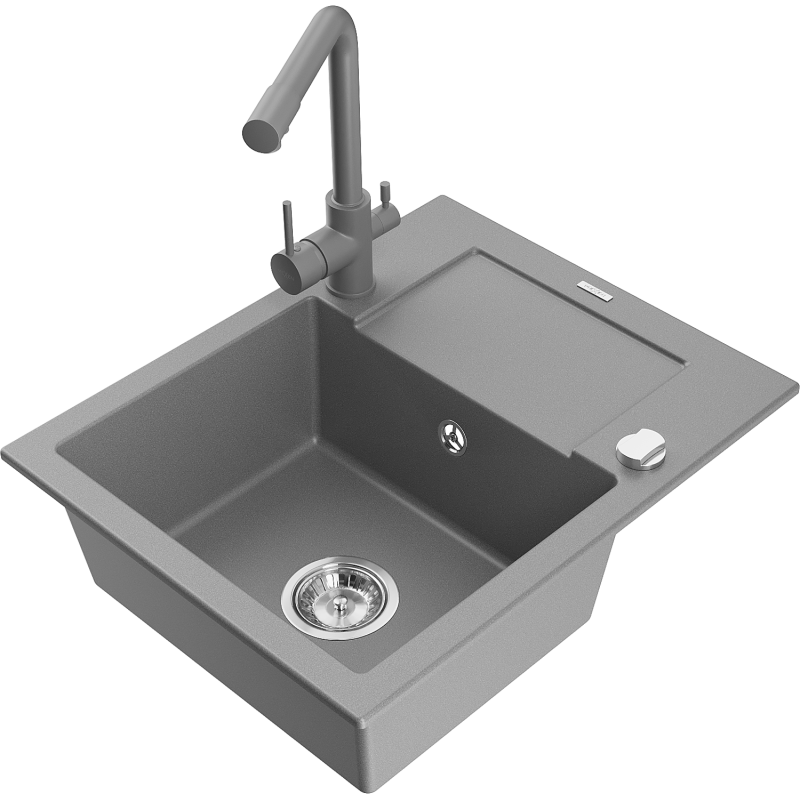 Mexen Enzo zlewozmywak granitowy 1-komorowy z ociekaczem i baterią kuchenną Duero, szary - 6506-71-671600-71