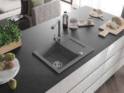 Mexen Enzo zlewozmywak granitowy 1-komorowy z ociekaczem i baterią kuchenną Duero, szary - 6506-71-671600-71