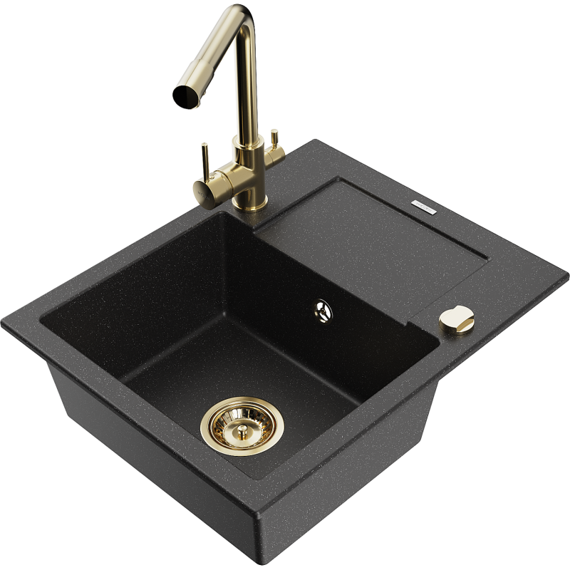 Mexen Enzo zlewozmywak granitowy 1-komorowy z ociekaczem i baterią kuchenną Duero, czarny/srebrny metalik - 6506-73-671600-50