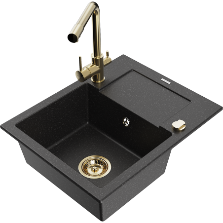 Mexen Enzo zlewozmywak granitowy 1-komorowy z ociekaczem i baterią kuchenną Duero, czarny/srebrny metalik - 6506-73-671600-50