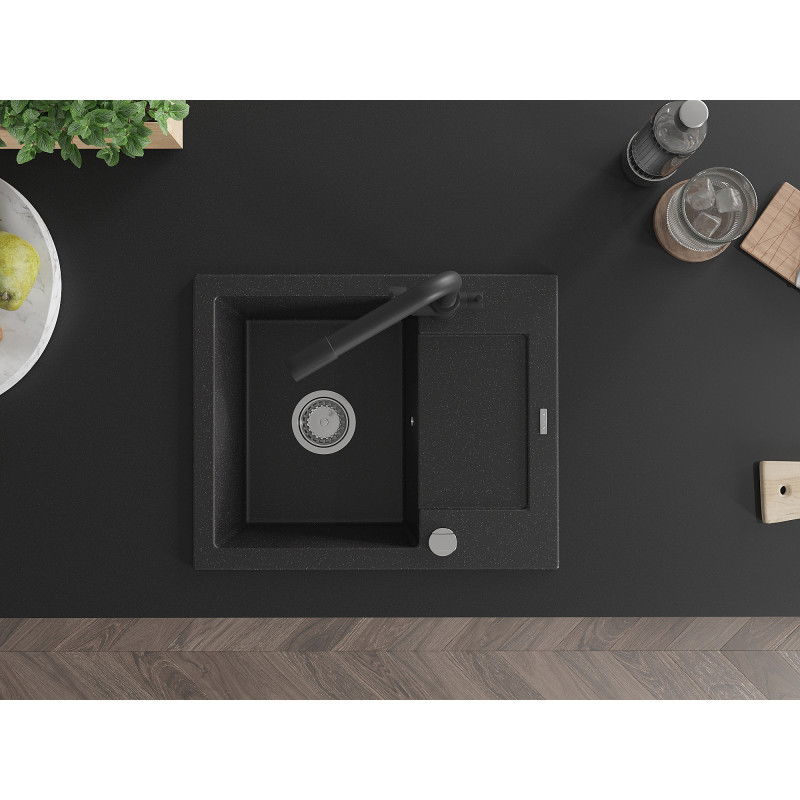 Mexen Enzo zlewozmywak granitowy 1-komorowy z ociekaczem i baterią kuchenną Duero, czarny/srebrny metalik - 6506-73-671600-70
