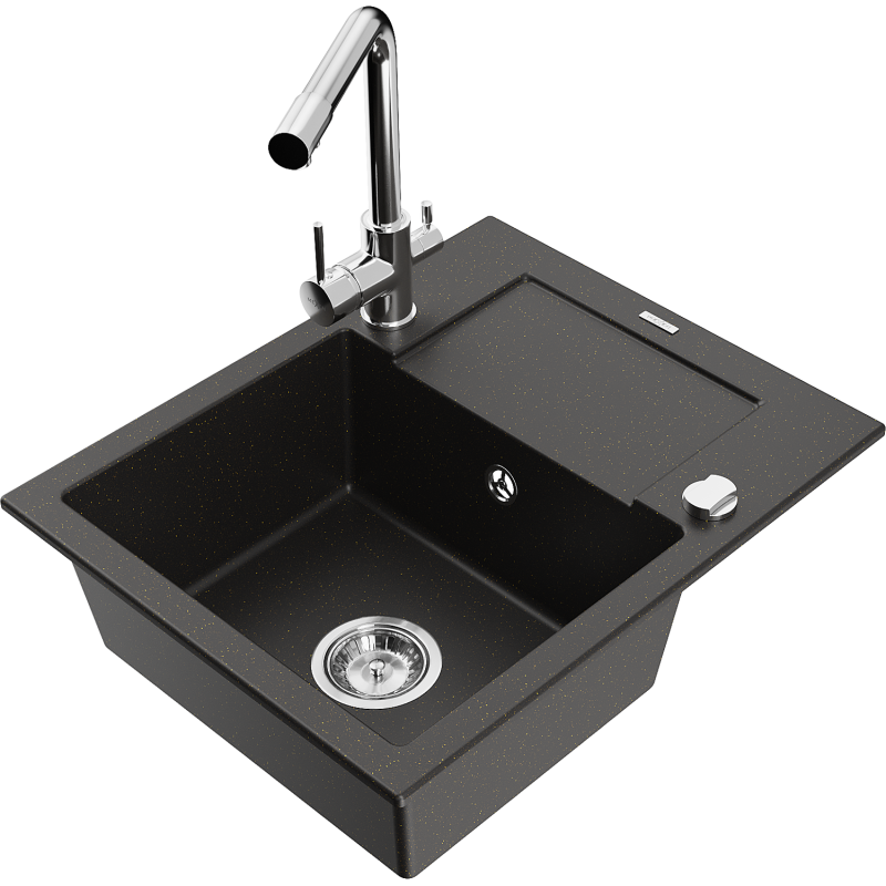 Mexen Enzo zlewozmywak granitowy 1-komorowy z ociekaczem i baterią kuchenną Duero, czarny/złoty metalik - 6506-75-671600-00