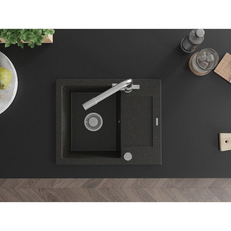 Mexen Enzo zlewozmywak granitowy 1-komorowy z ociekaczem i baterią kuchenną Duero, czarny/złoty metalik - 6506-75-671600-00