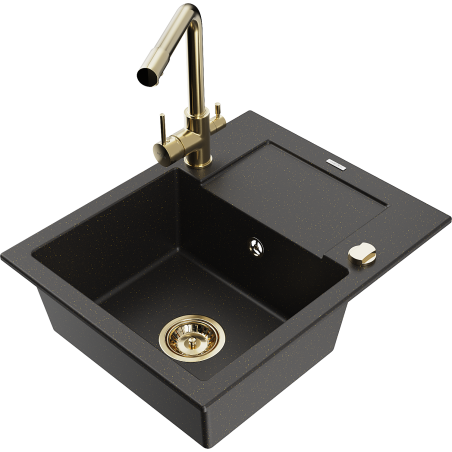 Mexen Enzo zlewozmywak granitowy 1-komorowy z ociekaczem i baterią kuchenną Duero, czarny/złoty metalik - 6506-75-671600-50