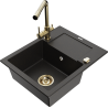 Mexen Enzo zlewozmywak granitowy 1-komorowy z ociekaczem i baterią kuchenną Duero, czarny/złoty metalik - 6506-75-671600-50