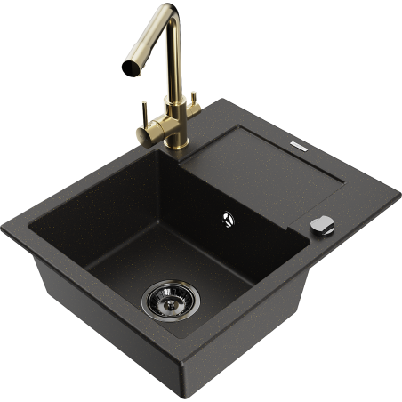 Mexen Enzo zlewozmywak granitowy 1-komorowy z ociekaczem i baterią kuchenną Duero, czarny/złoty metalik - 6506-75-671600-50-B