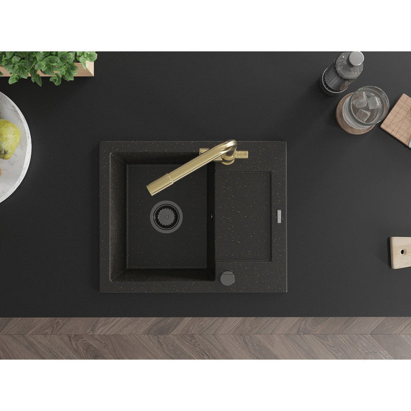 Mexen Enzo zlewozmywak granitowy 1-komorowy z ociekaczem i baterią kuchenną Duero, czarny/złoty metalik - 6506-75-671600-50-B