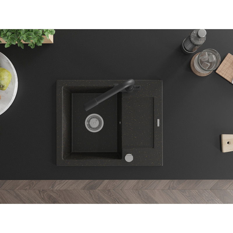 Mexen Enzo zlewozmywak granitowy 1-komorowy z ociekaczem i baterią kuchenną Duero, czarny/złoty metalik - 6506-75-671600-70