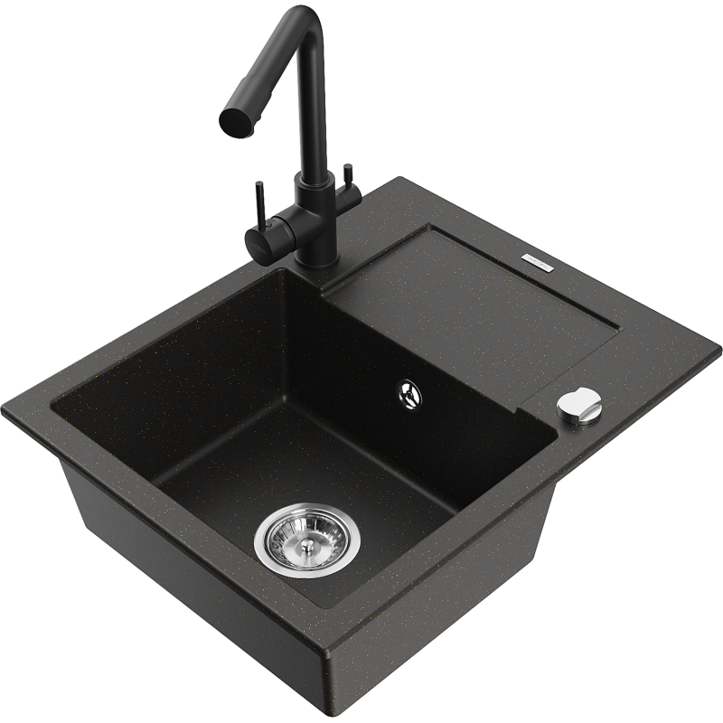 Mexen Enzo zlewozmywak granitowy 1-komorowy z ociekaczem i baterią kuchenną Duero, czarny/złoty metalik - 6506-75-671600-70