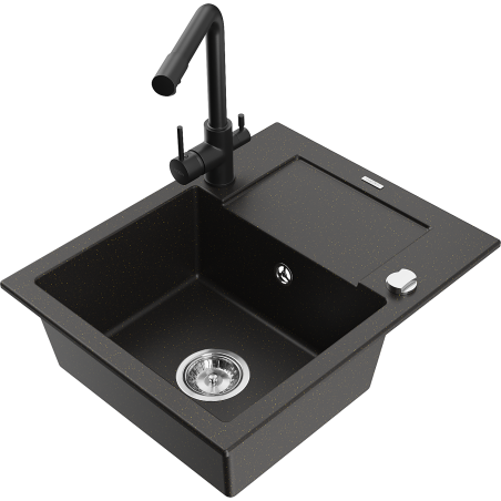 Mexen Enzo zlewozmywak granitowy 1-komorowy z ociekaczem i baterią kuchenną Duero, czarny/złoty metalik - 6506-75-671600-70