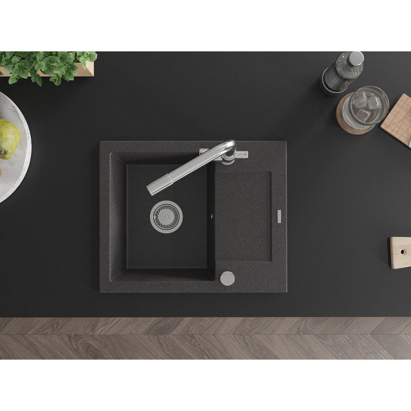 Mexen Enzo zlewozmywak granitowy 1-komorowy z ociekaczem i baterią kuchenną Duero, czarny nakrapiany - 6506-76-671600-00