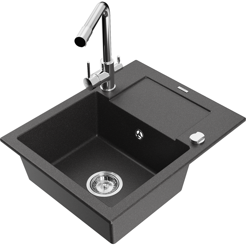 Mexen Enzo zlewozmywak granitowy 1-komorowy z ociekaczem i baterią kuchenną Duero, czarny nakrapiany - 6506-76-671600-00