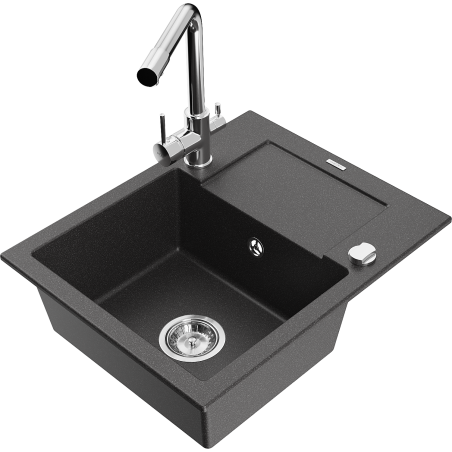 Mexen Enzo zlewozmywak granitowy 1-komorowy z ociekaczem i baterią kuchenną Duero, czarny nakrapiany - 6506-76-671600-00