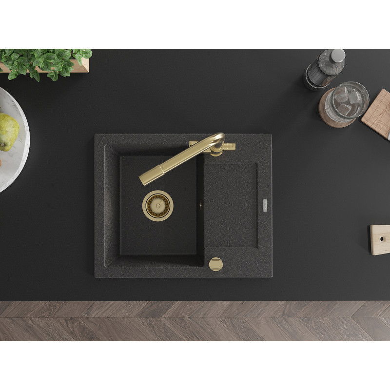 Mexen Enzo zlewozmywak granitowy 1-komorowy z ociekaczem i baterią kuchenną Duero, czarny nakrapiany - 6506-76-671600-50