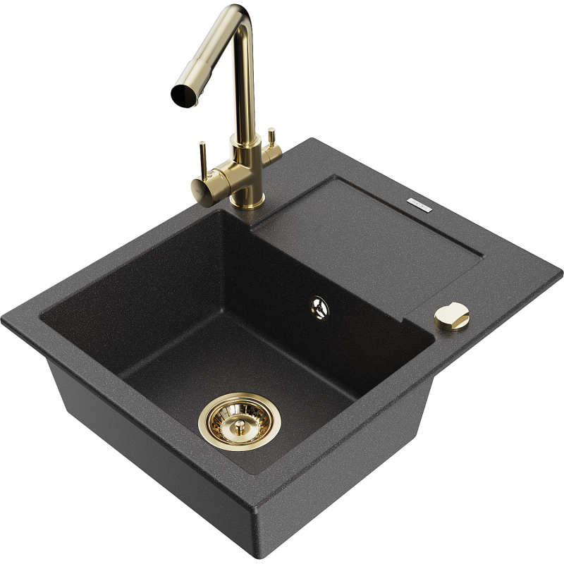 Mexen Enzo zlewozmywak granitowy 1-komorowy z ociekaczem i baterią kuchenną Duero, czarny nakrapiany - 6506-76-671600-50