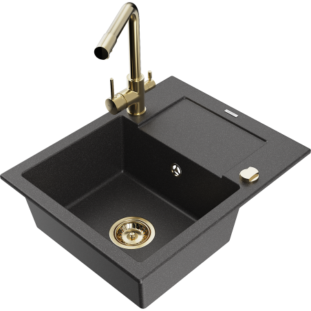Mexen Enzo zlewozmywak granitowy 1-komorowy z ociekaczem i baterią kuchenną Duero, czarny nakrapiany - 6506-76-671600-50