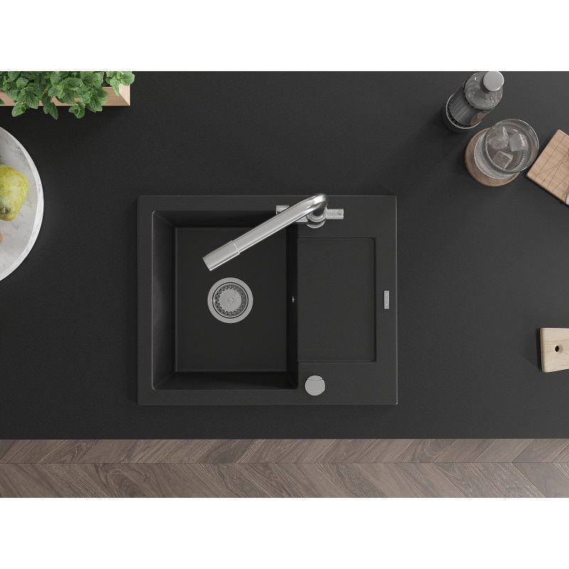 Mexen Enzo zlewozmywak granitowy 1-komorowy z ociekaczem i baterią kuchenną Duero, czarny - 6506-77-671600-00