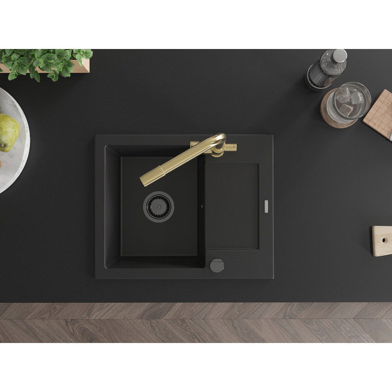 Mexen Enzo zlewozmywak granitowy 1-komorowy z ociekaczem i baterią kuchenną Duero, czarny - 6506-77-671600-50-B