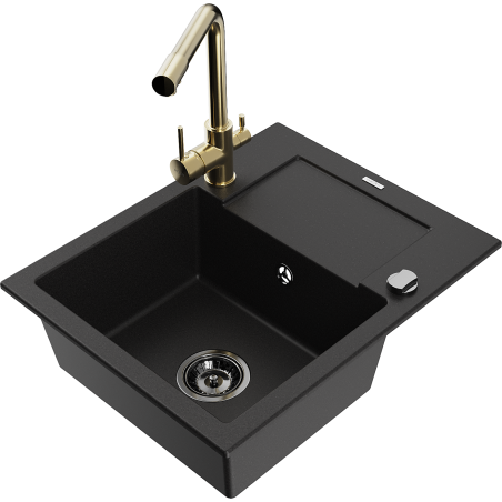 Mexen Enzo zlewozmywak granitowy 1-komorowy z ociekaczem i baterią kuchenną Duero, czarny - 6506-77-671600-50-B