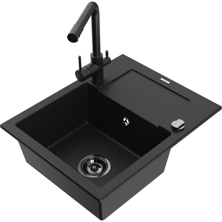 Mexen Enzo zlewozmywak granitowy 1-komorowy z ociekaczem i baterią kuchenną Duero, czarny - 6506-77-671600-70-B