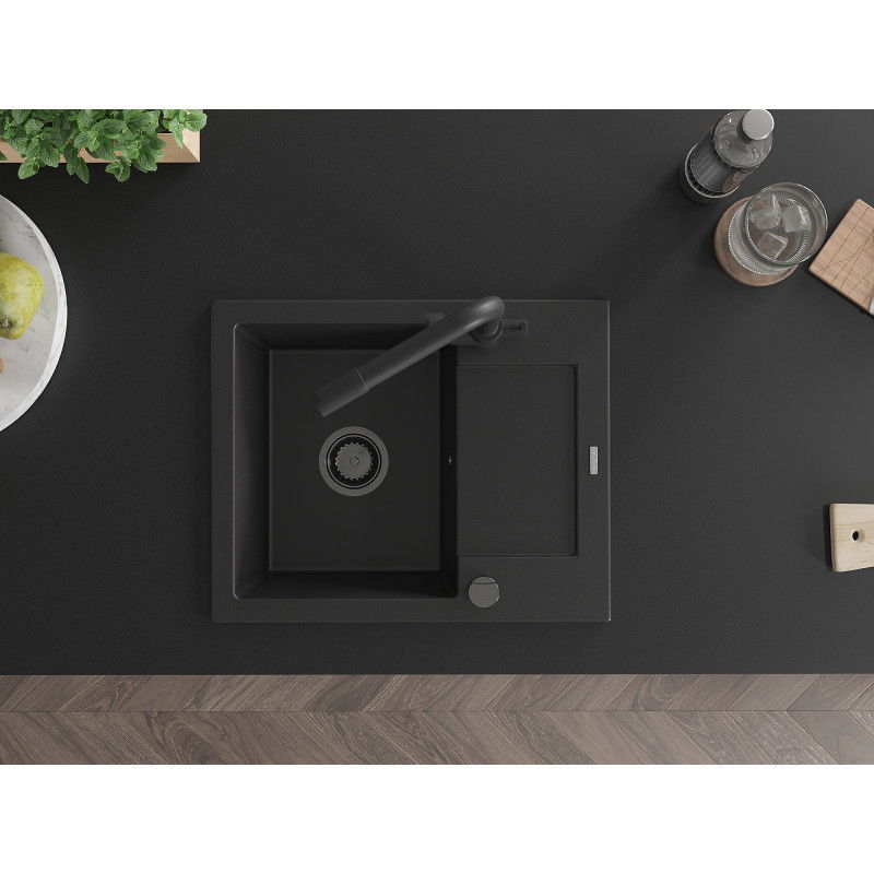 Mexen Enzo zlewozmywak granitowy 1-komorowy z ociekaczem i baterią kuchenną Duero, czarny - 6506-77-671600-70-B