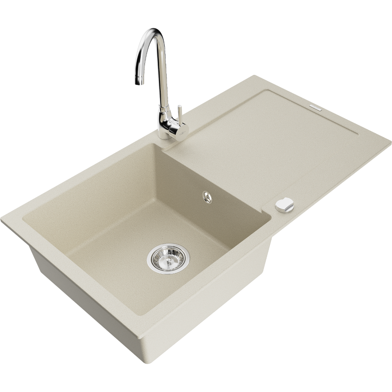 Mexen Leo zlewozmywak granitowy 1-komorowy z ociekaczem i baterią kuchenną Telma, beżowy - 6501-69-670200-00