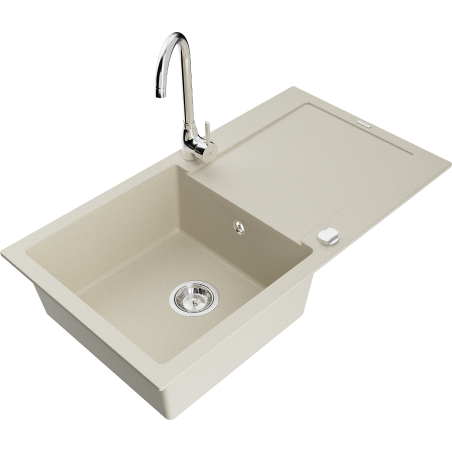 Mexen Leo zlewozmywak granitowy 1-komorowy z ociekaczem i baterią kuchenną Telma, beżowy - 6501-69-670200-00