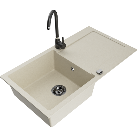 Mexen Leo zlewozmywak granitowy 1-komorowy z ociekaczem i baterią kuchenną Telma, beżowy - 6501-69-670200-70