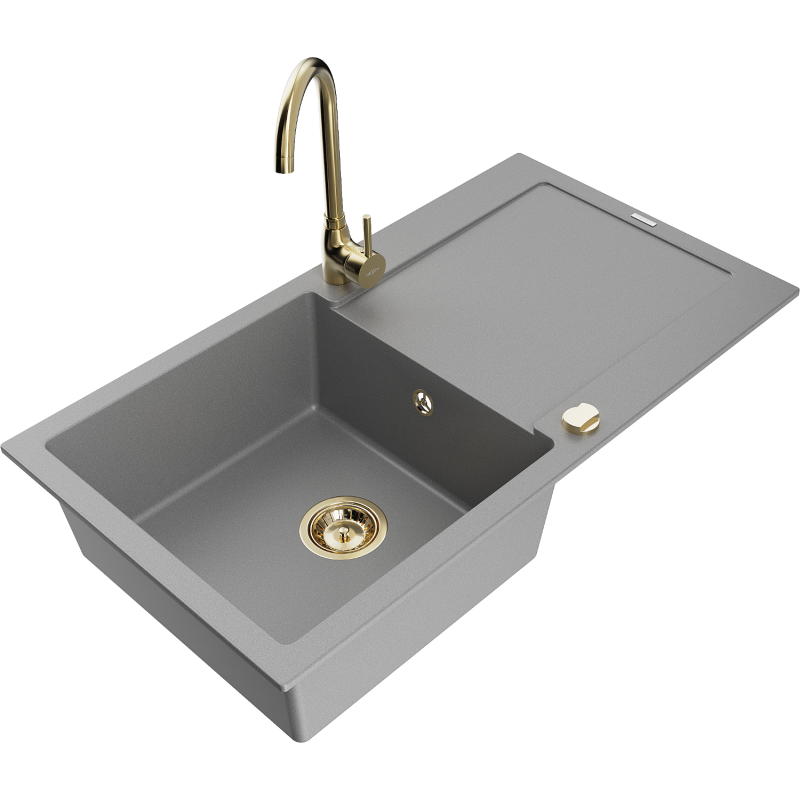 Mexen Leo zlewozmywak granitowy 1-komorowy z ociekaczem i baterią kuchenną Telma, szary - 6501-71-670200-50