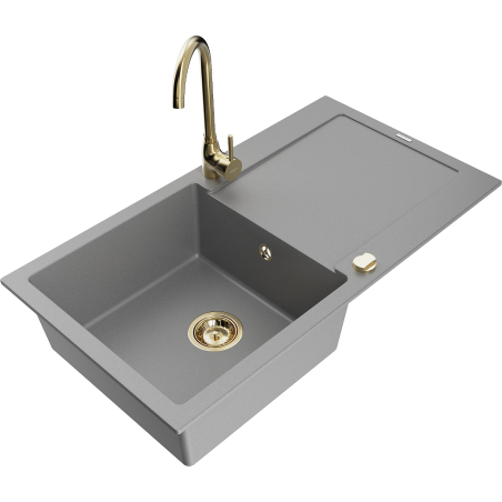 Mexen Leo zlewozmywak granitowy 1-komorowy z ociekaczem i baterią kuchenną Telma, szary - 6501-71-670200-50