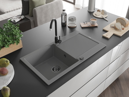 Mexen Leo zlewozmywak granitowy 1-komorowy z ociekaczem i baterią kuchenną Telma, szary - 6501-71-670200-70-B