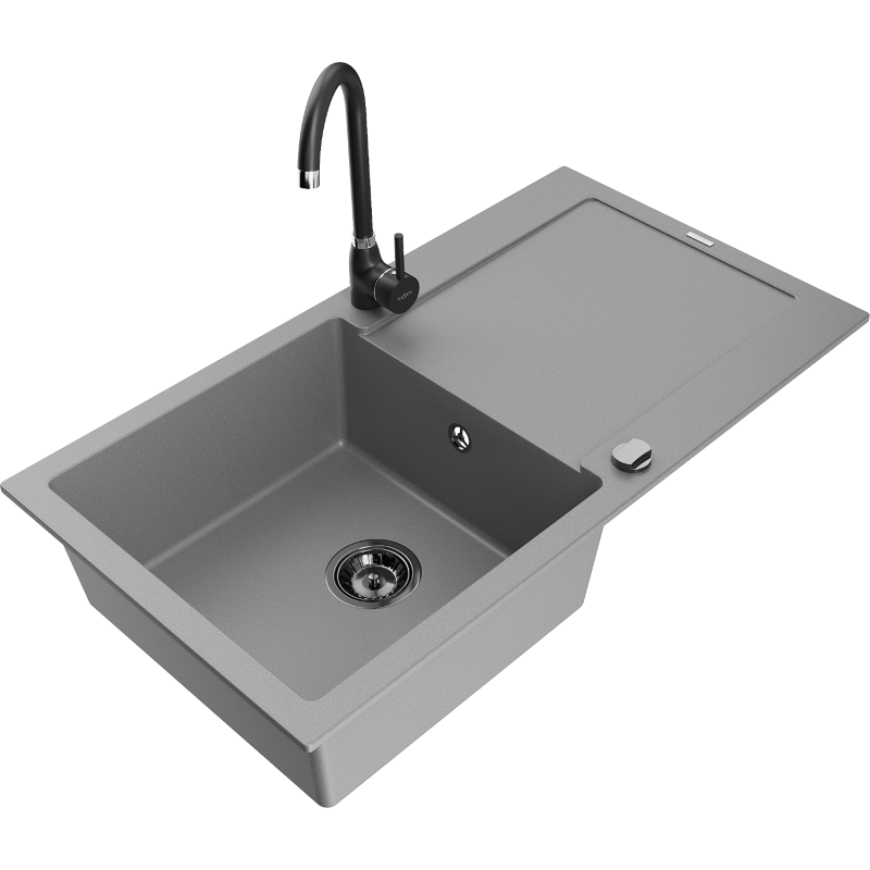 Mexen Leo zlewozmywak granitowy 1-komorowy z ociekaczem i baterią kuchenną Telma, szary - 6501-71-670200-70-B