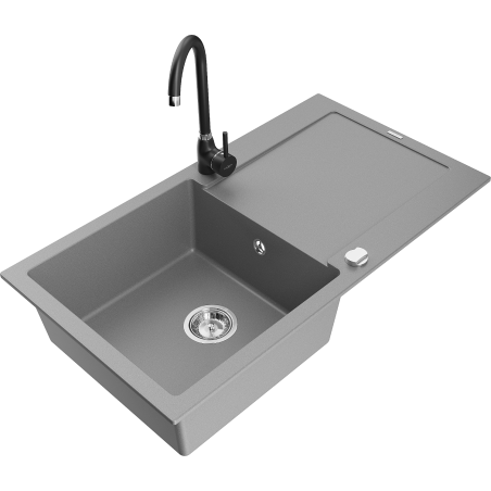 Mexen Leo zlewozmywak granitowy 1-komorowy z ociekaczem i baterią kuchenną Telma, szary - 6501-71-670200-70