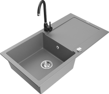 Mexen Leo zlewozmywak granitowy 1-komorowy z ociekaczem i baterią kuchenną Telma, szary - 6501-71-670200-70