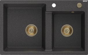 Mexen Tomas zlewozmywak granitowy 2-komorowy 800 x 500 mm, czarny nakrapiany, syfon złoty - 6516802000-76-G