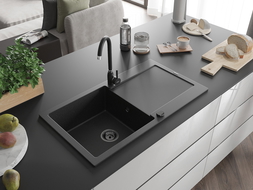 Mexen Leo zlewozmywak granitowy 1-komorowy z ociekaczem i baterią kuchenną Telma, czarny/srebrny metalik - 6501-73-670200-70-B